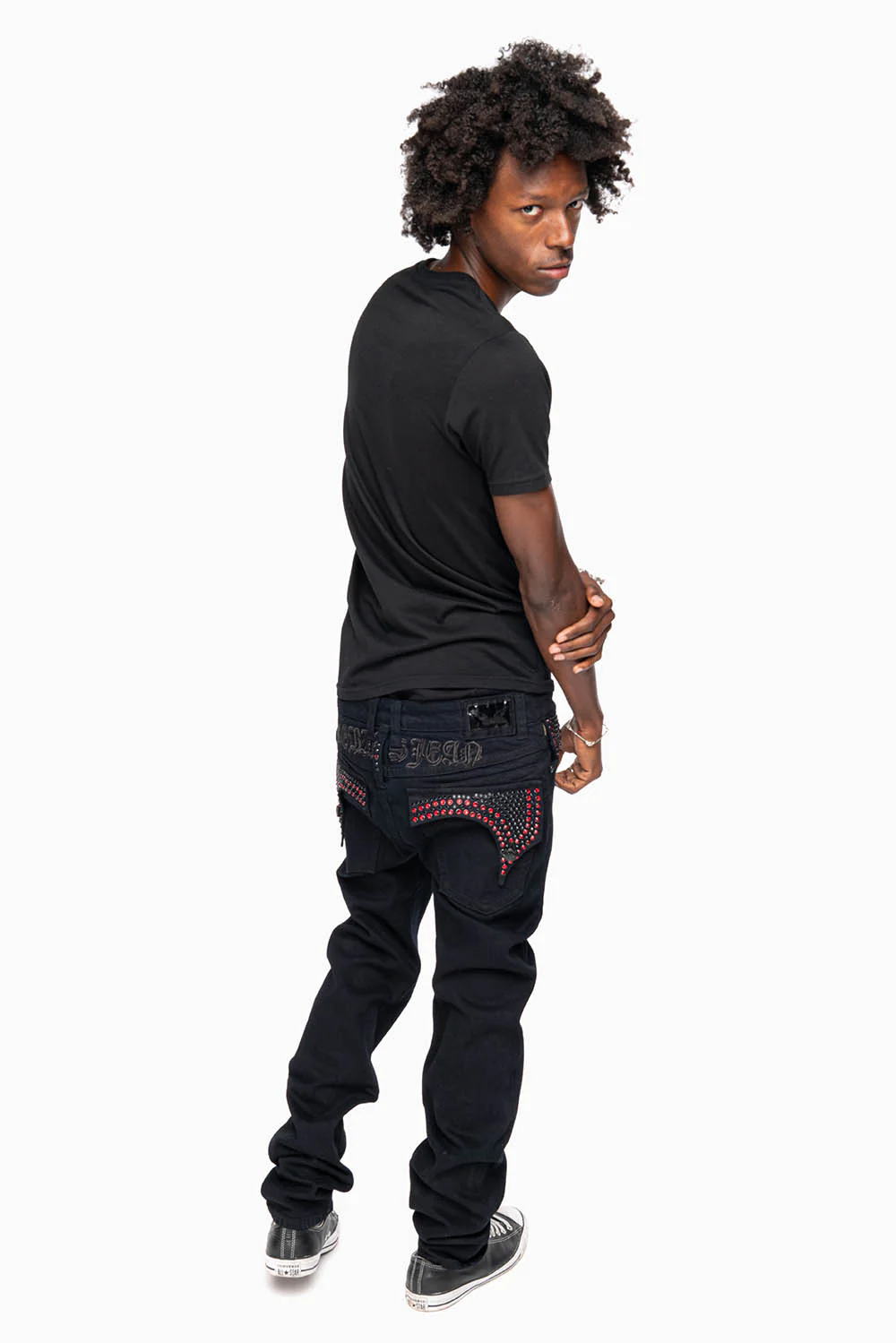 KILLER FLAP SKINNY JEANS FULLY EMBELISHED WITH CRYSTALS IN PURE BLACK WITH GOTHIC EMBROIDERY - Image 9