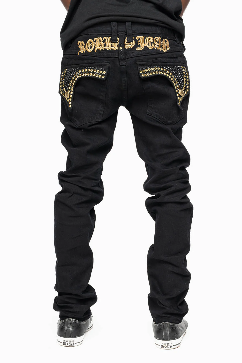 KILLER FLAP SKINNY JEANS FULLY EMBELLISHED WITH AURUM AND BLK CRYSTALS IN PURE BLACK WITH GOLD GOTHIC EMBROIDERY