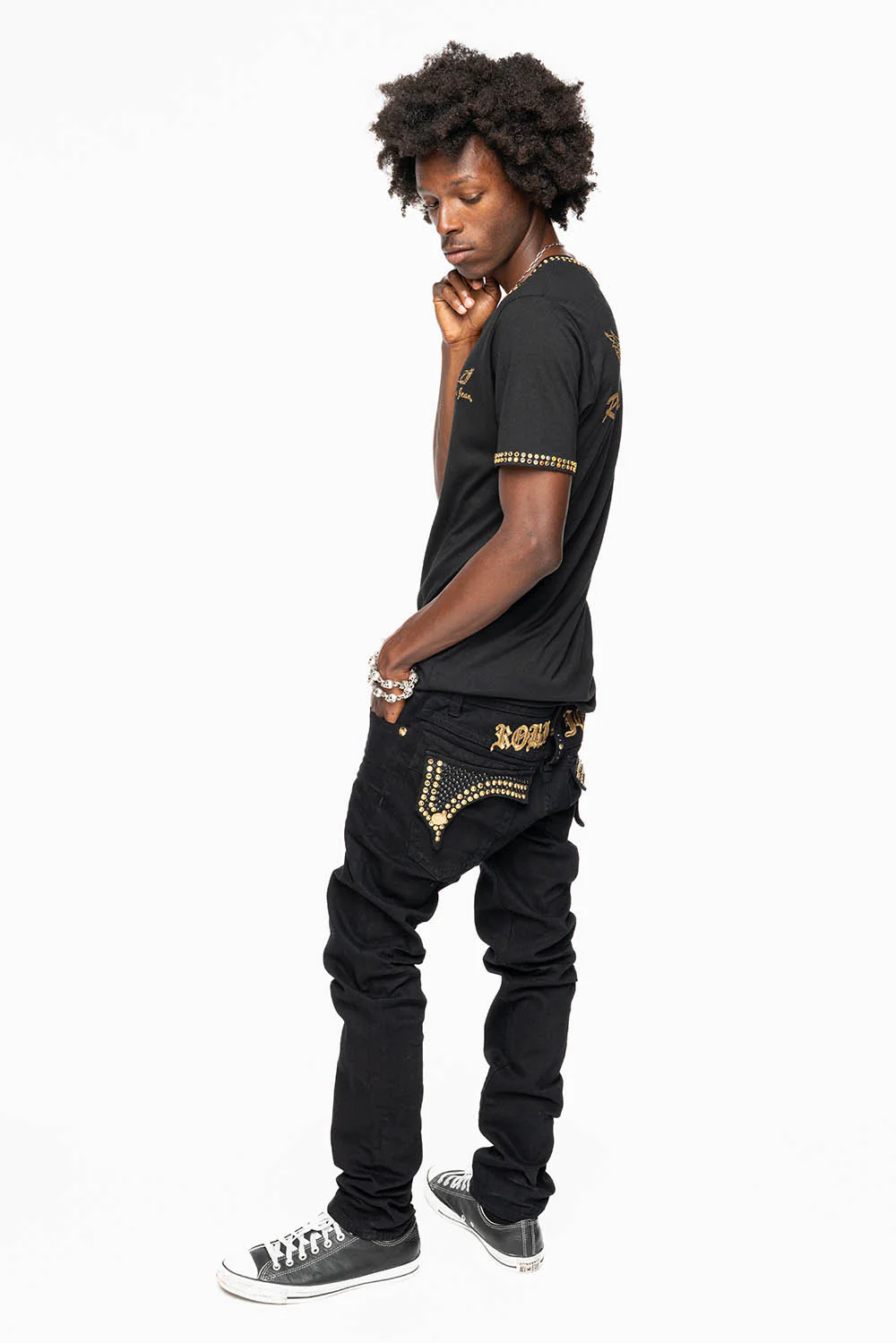 KILLER FLAP SKINNY JEANS FULLY EMBELLISHED WITH AURUM AND BLK CRYSTALS IN PURE BLACK WITH GOLD GOTHIC EMBROIDERY - Image 10