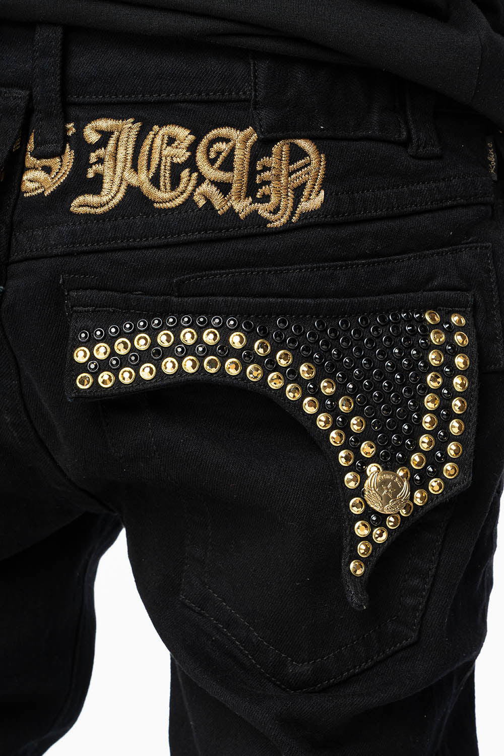 KILLER FLAP SKINNY JEANS FULLY EMBELLISHED WITH AURUM AND BLK CRYSTALS IN PURE BLACK WITH GOLD GOTHIC EMBROIDERY - Image 5