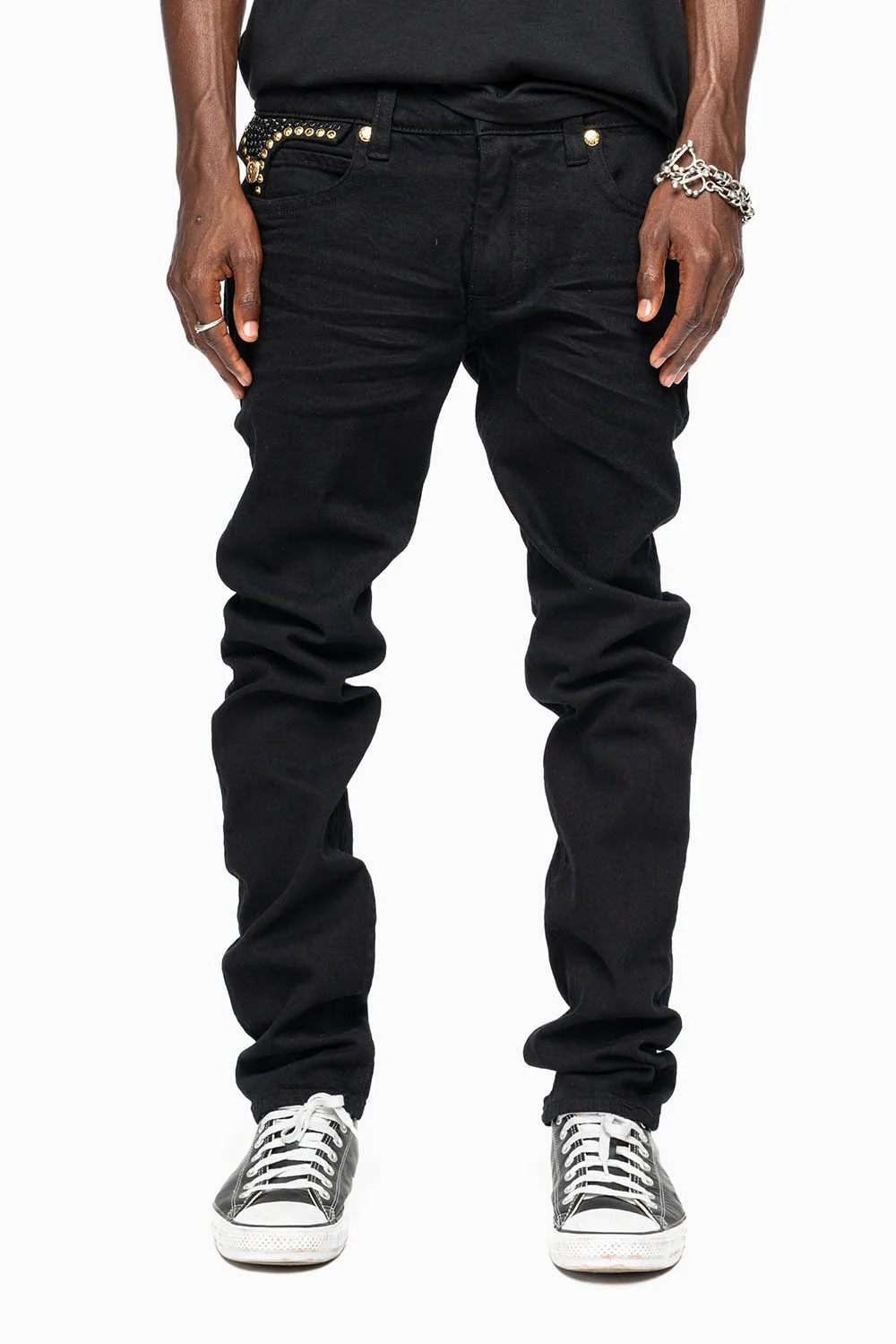 KILLER FLAP SKINNY JEANS FULLY EMBELLISHED WITH AURUM AND BLK CRYSTALS IN PURE BLACK WITH GOLD GOTHIC EMBROIDERY - Image 6