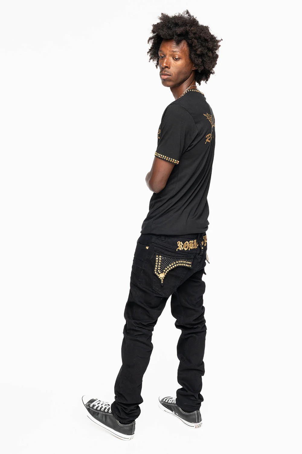 KILLER FLAP SKINNY JEANS FULLY EMBELLISHED WITH AURUM AND BLK CRYSTALS IN PURE BLACK WITH GOLD GOTHIC EMBROIDERY - Image 7
