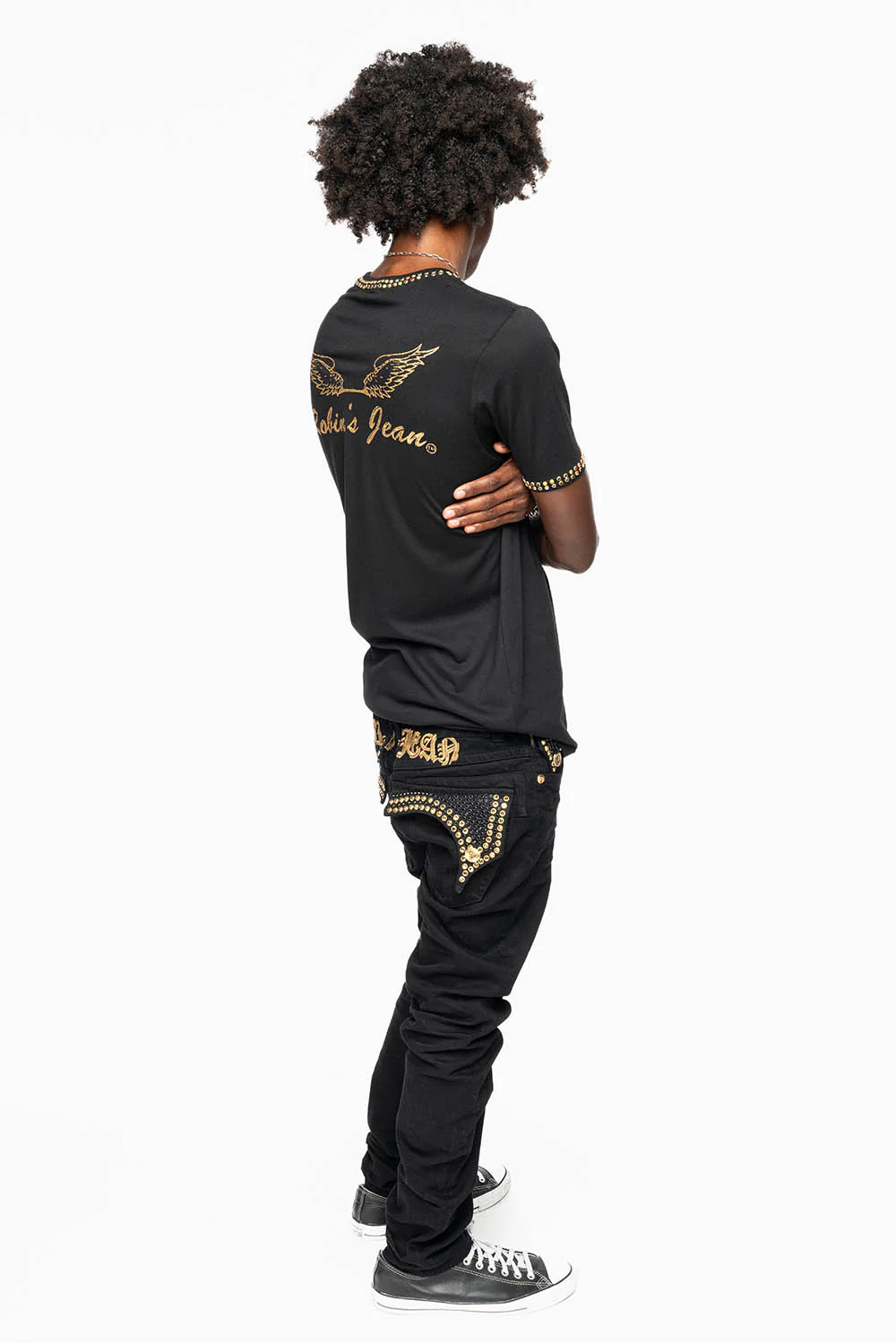 KILLER FLAP SKINNY JEANS FULLY EMBELLISHED WITH AURUM AND BLK CRYSTALS IN PURE BLACK WITH GOLD GOTHIC EMBROIDERY - Image 9