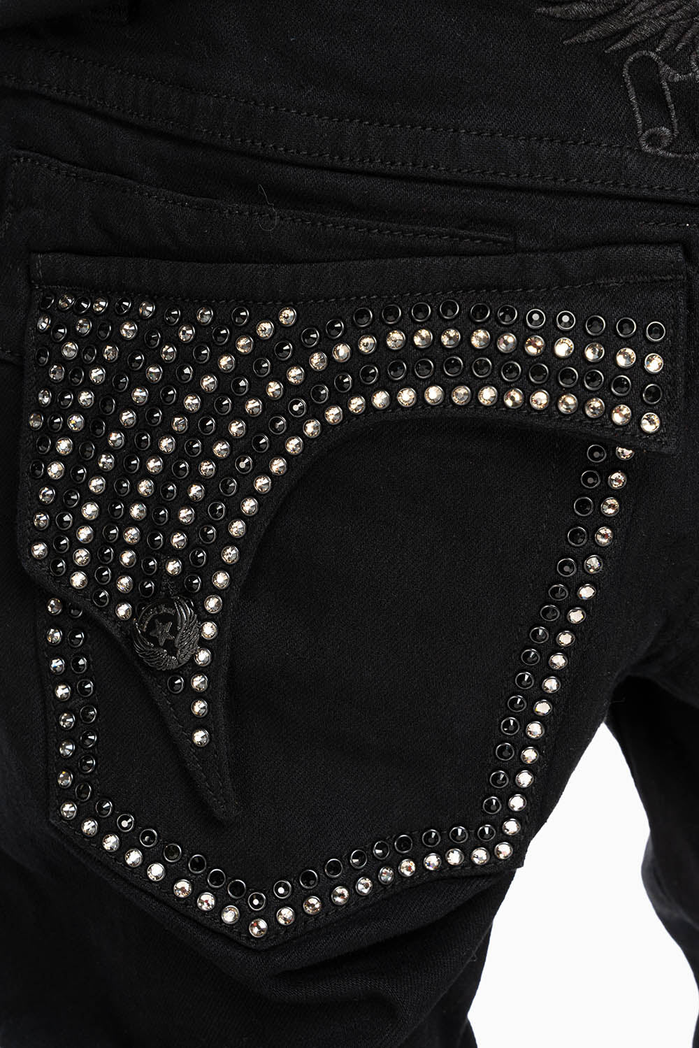 KILLER FLAP SKINNY JEANS IN PURE BLACK WASH WITH CRYSTALS - Image 2