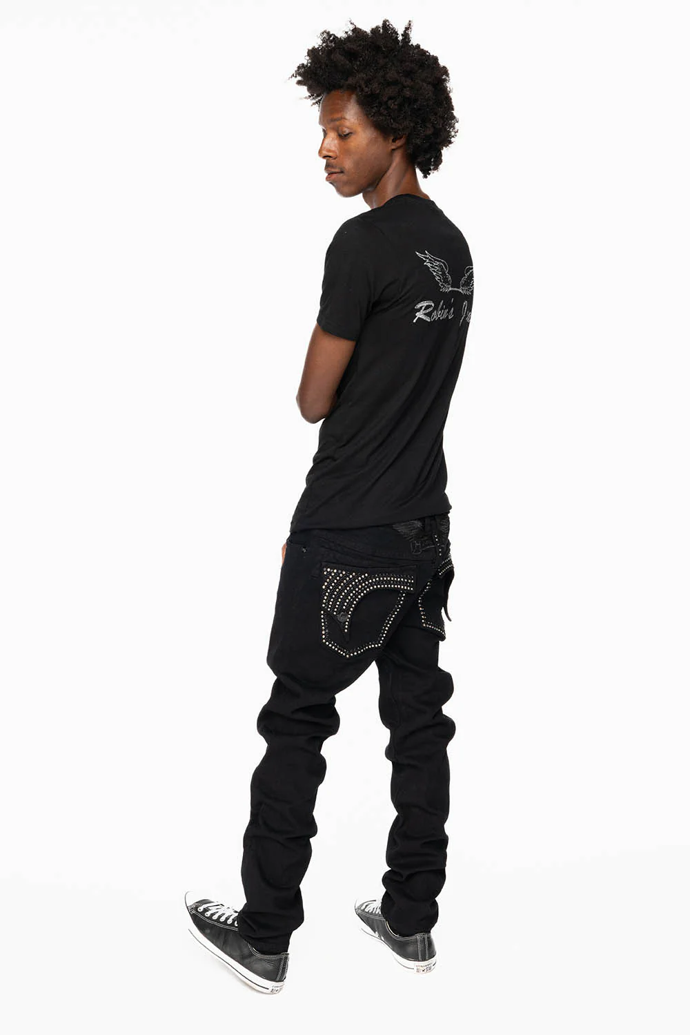 KILLER FLAP SKINNY JEANS IN PURE BLACK WASH WITH CRYSTALS - Image 5