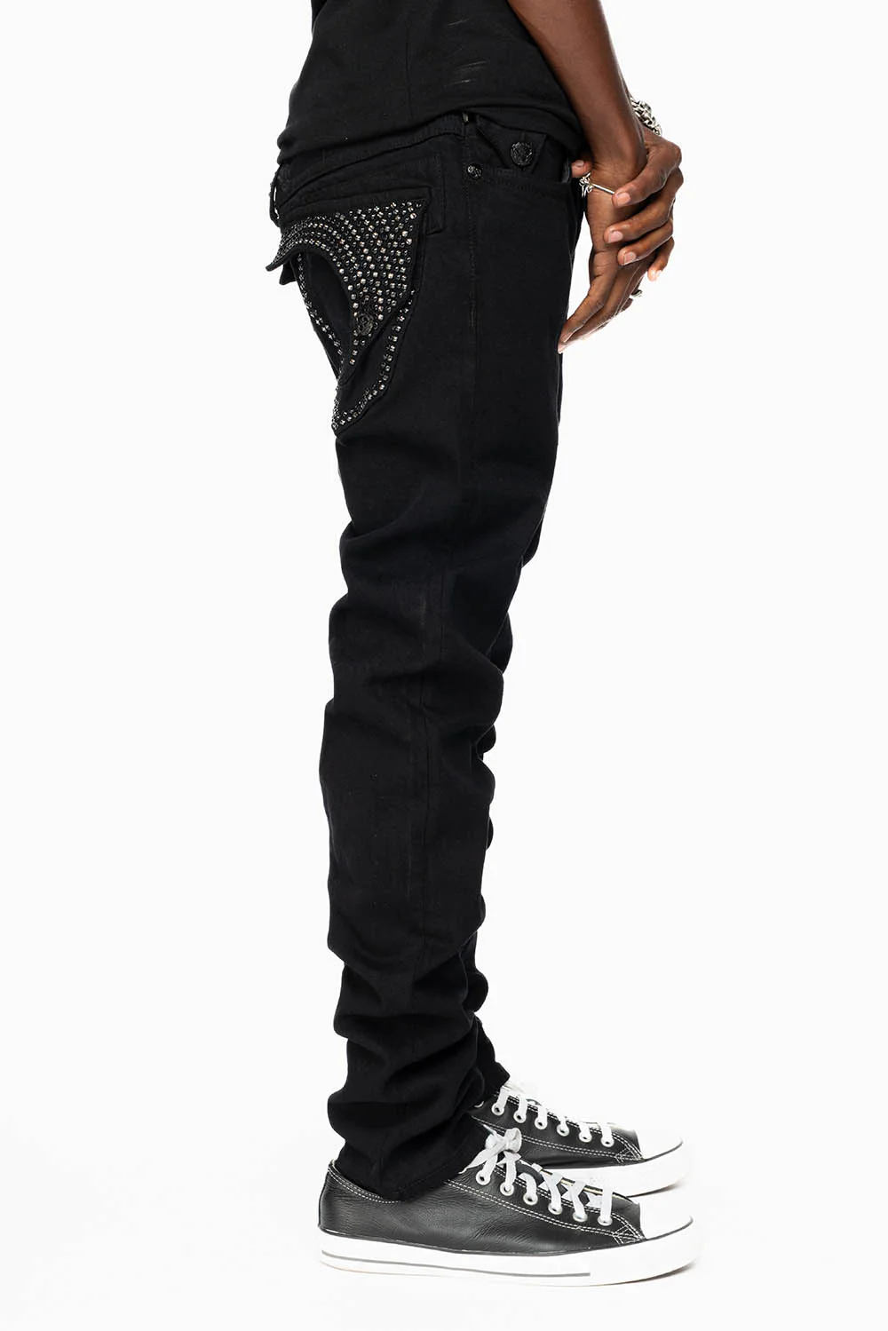 KILLER FLAP SKINNY JEANS IN PURE BLACK WASH WITH CRYSTALS - Image 6