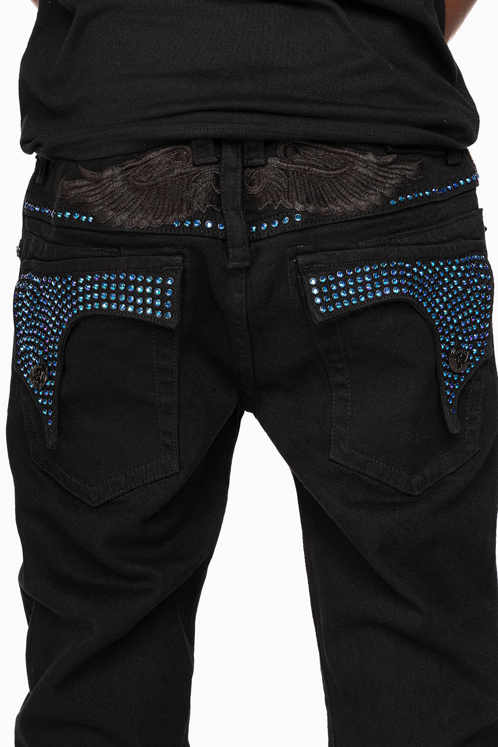 KILLER FLAP STRAIGHT JEANS IN PURE BLACK WASH WITH BLUE CRYSTALS - Image 3