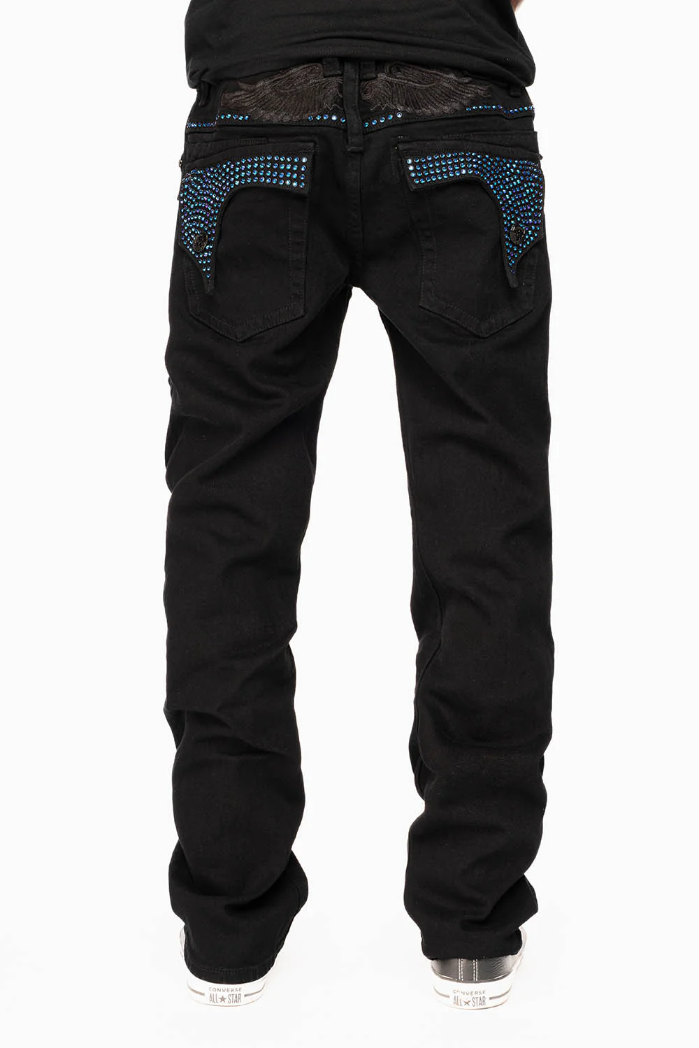 KILLER FLAP STRAIGHT JEANS IN PURE BLACK WASH WITH BLUE CRYSTALS - Image 4