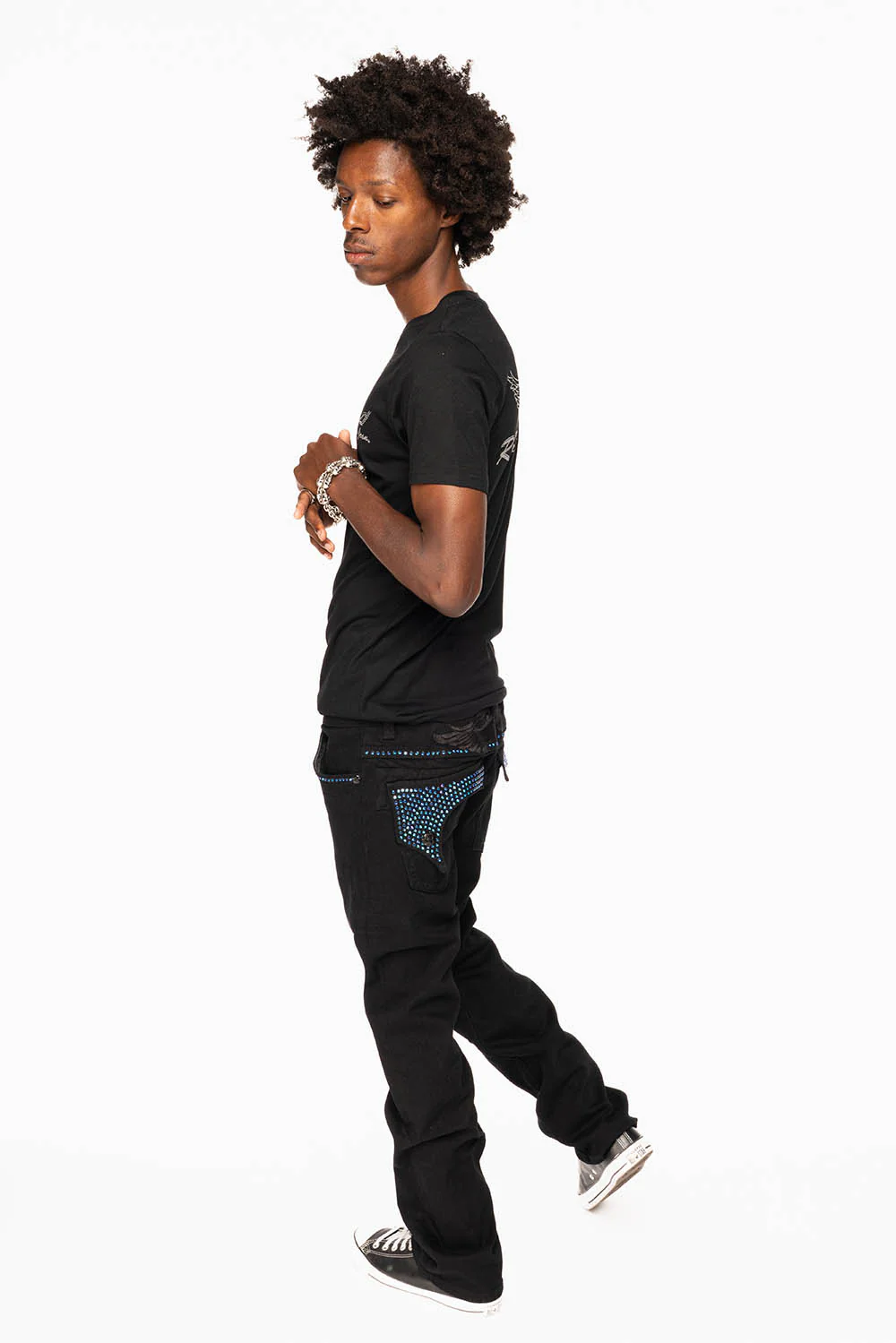 KILLER FLAP STRAIGHT JEANS IN PURE BLACK WASH WITH BLUE CRYSTALS - Image 7