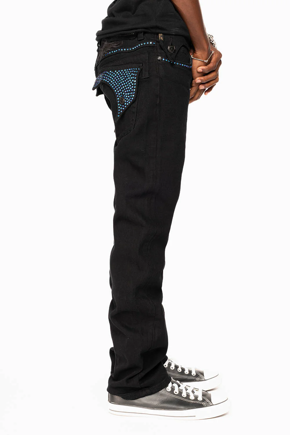 KILLER FLAP STRAIGHT JEANS IN PURE BLACK WASH WITH BLUE CRYSTALS - Image 8