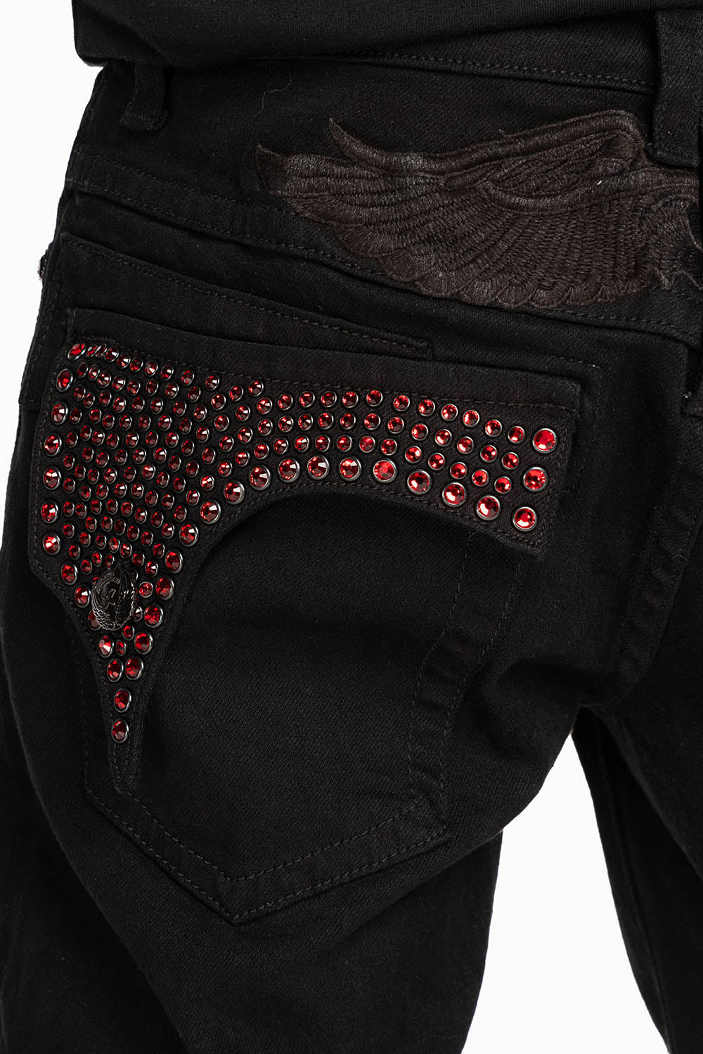 KILLER FLAP STRAIGHT JEANS IN PURE BLACK WASH WITH RED CRYSTALS - Image 2