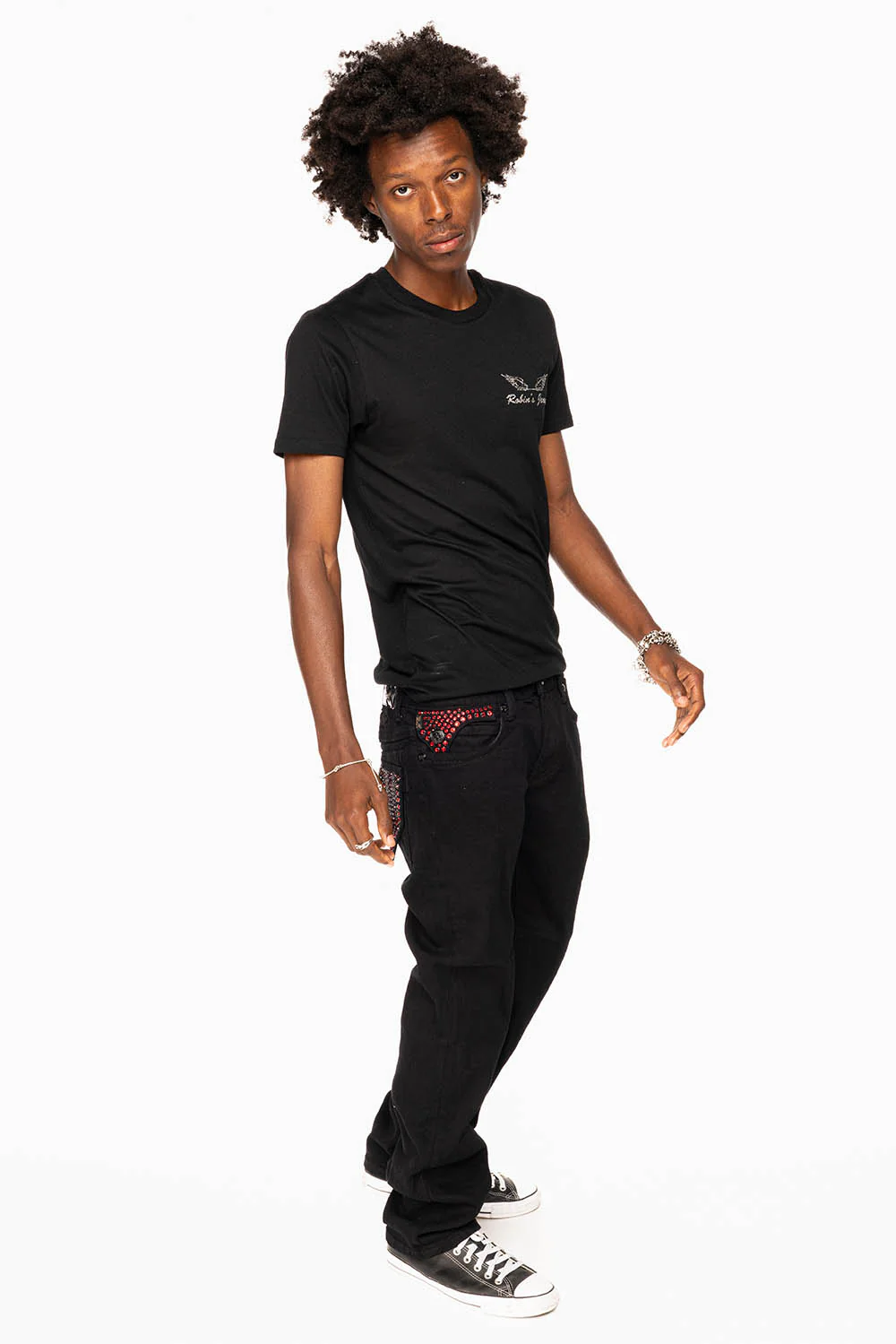 KILLER FLAP STRAIGHT JEANS IN PURE BLACK WASH WITH RED CRYSTALS - Image 3