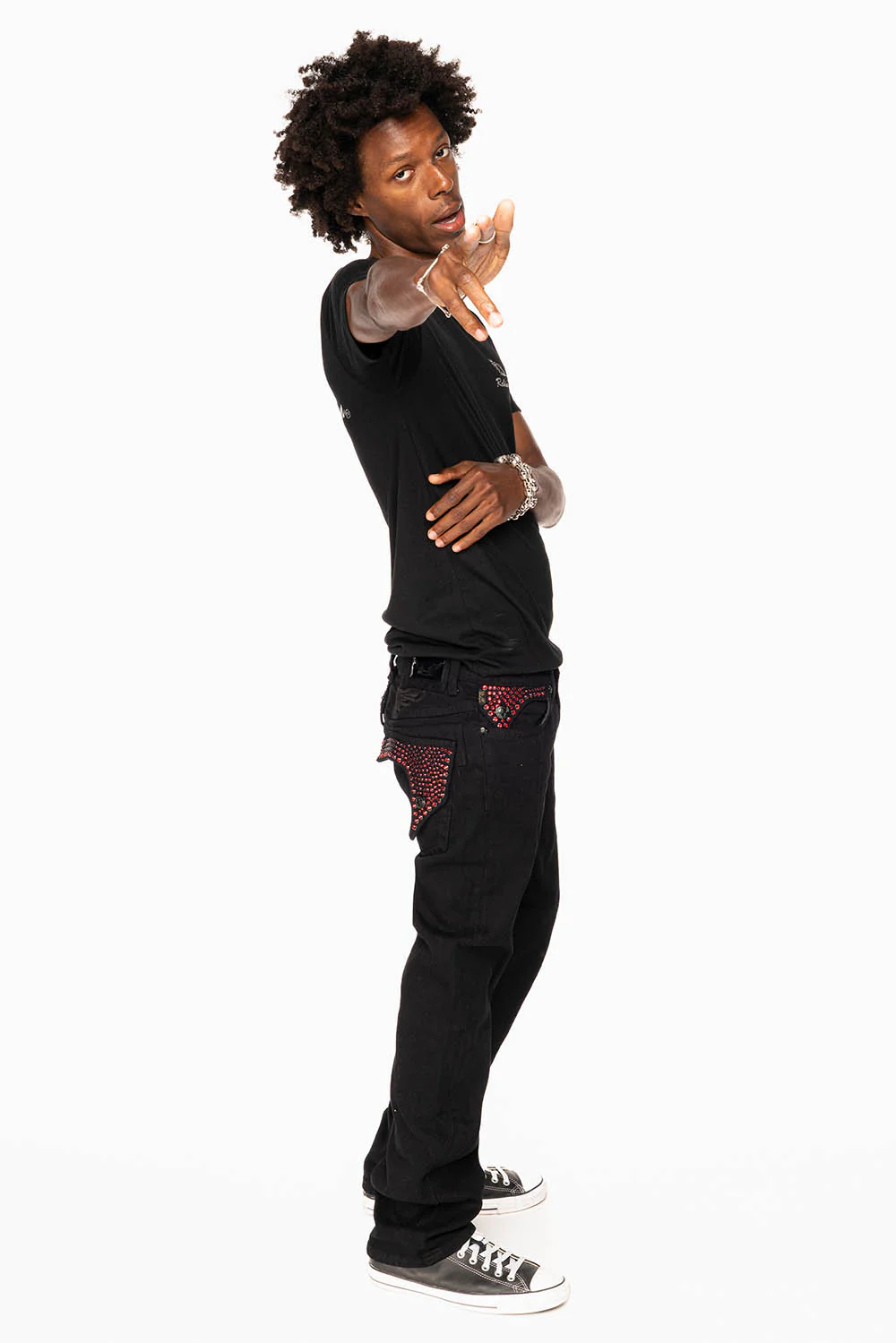 KILLER FLAP STRAIGHT JEANS IN PURE BLACK WASH WITH RED CRYSTALS - Image 4