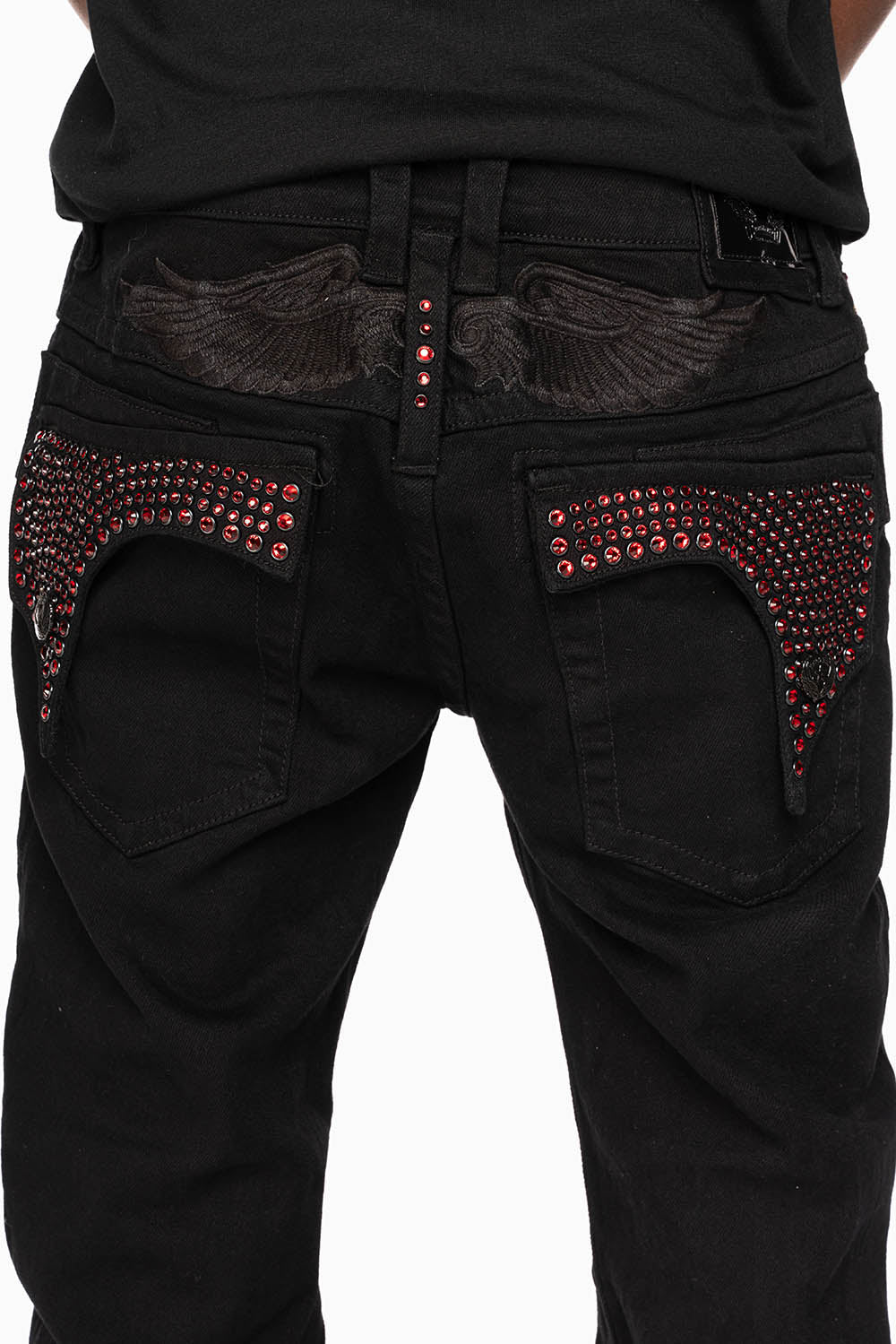 KILLER FLAP STRAIGHT JEANS IN PURE BLACK WASH WITH RED CRYSTALS - Image 6