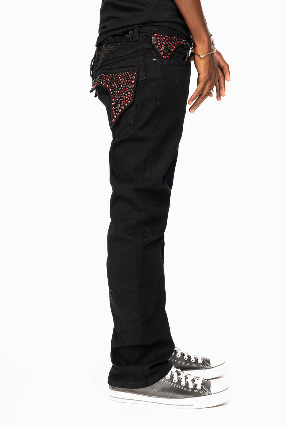 KILLER FLAP STRAIGHT JEANS IN PURE BLACK WASH WITH RED CRYSTALS - Image 8