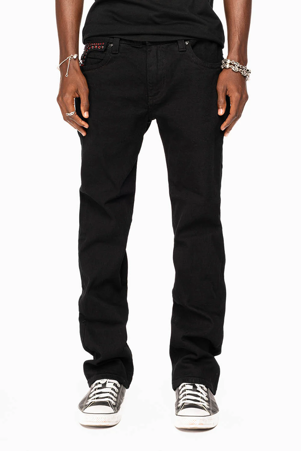 KILLER FLAP STRAIGHT JEANS IN PURE BLACK WASH WITH RED CRYSTALS - Image 9