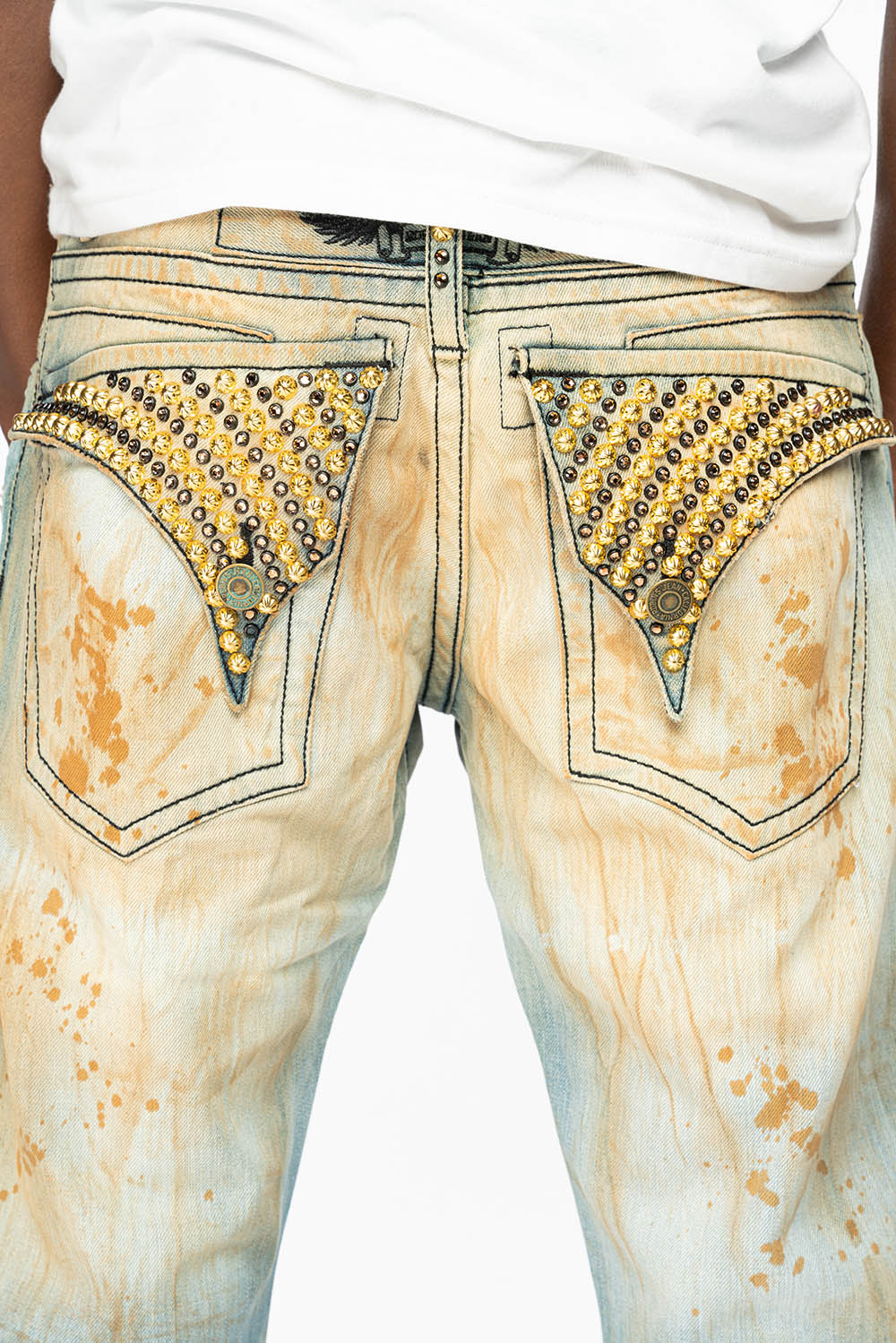 KILLER FLAP STRAIGHT LEG JEANS WITH  CRYSTALS AND NAILHEAD IN TRAVELER WASH - Image 2