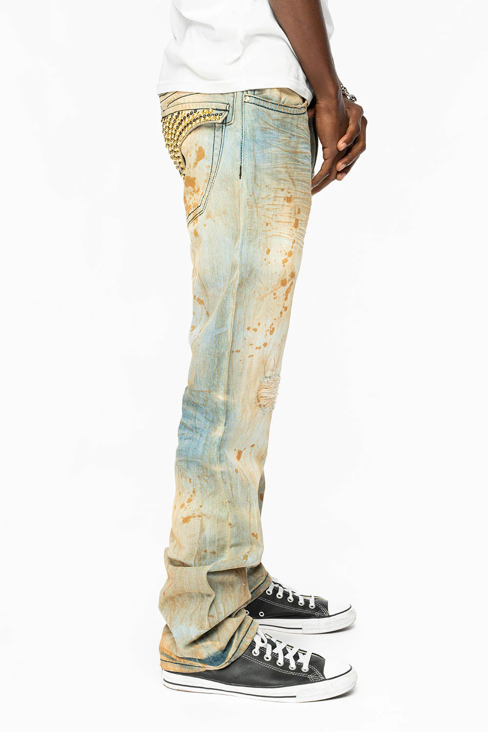 KILLER FLAP STRAIGHT LEG JEANS WITH  CRYSTALS AND NAILHEAD IN TRAVELER WASH - Image 4