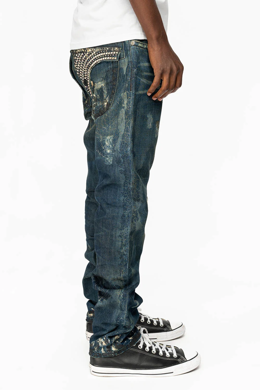KILLER FLAP STRAIGHT LEG JEANS WITH  CRYSTALS AND PYRAMID IN JUPITER BLUE SPECIALTY WASH - Image 3