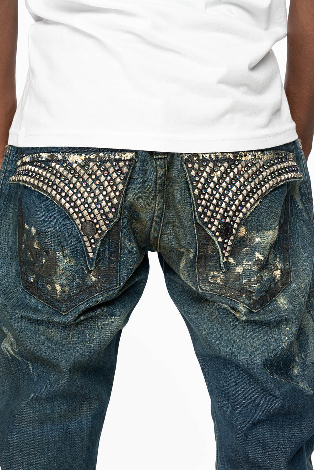 KILLER FLAP STRAIGHT LEG JEANS WITH  CRYSTALS AND PYRAMID IN JUPITER BLUE SPECIALTY WASH - Image 4