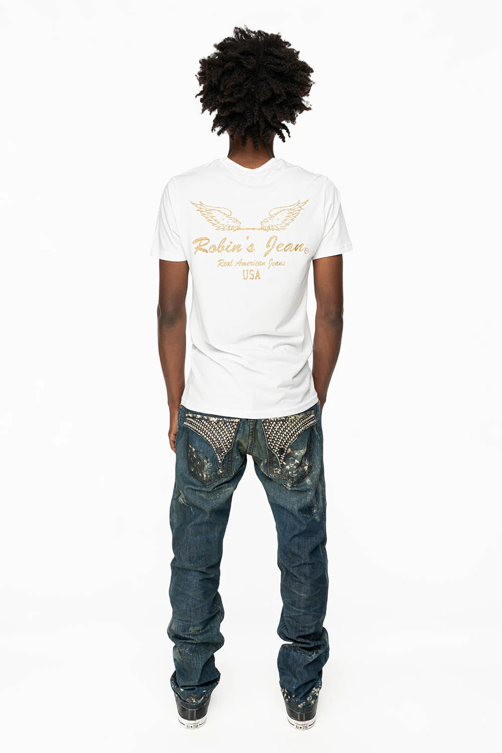 KILLER FLAP STRAIGHT LEG JEANS WITH  CRYSTALS AND PYRAMID IN JUPITER BLUE SPECIALTY WASH - Image 5