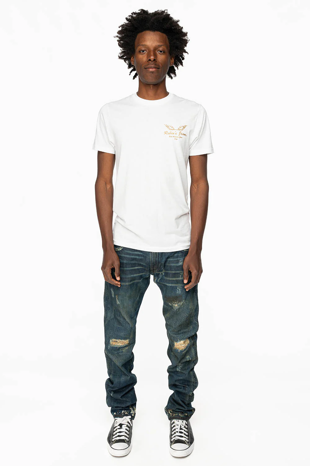 KILLER FLAP STRAIGHT LEG JEANS WITH  CRYSTALS AND PYRAMID IN JUPITER BLUE SPECIALTY WASH - Image 6