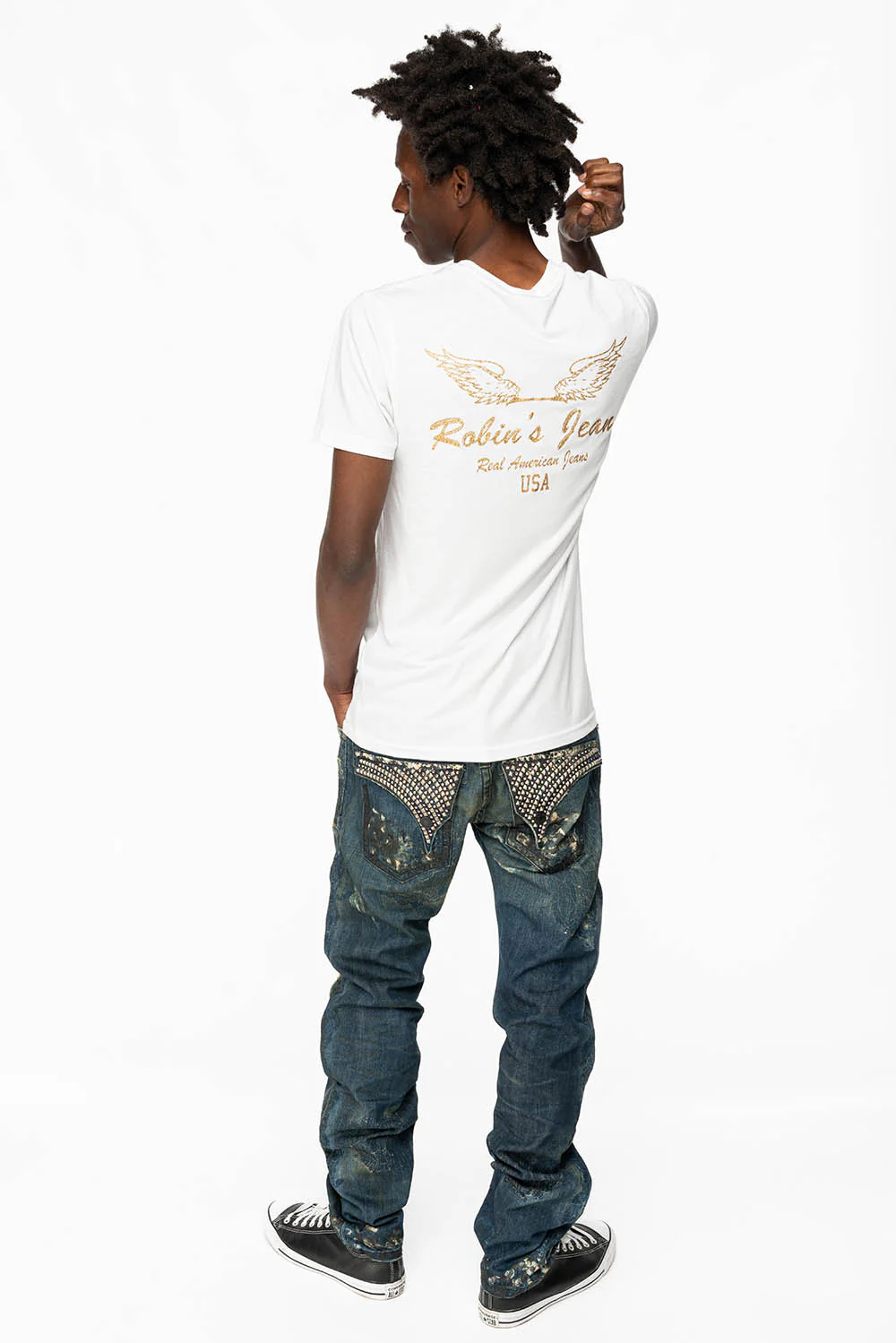 KILLER FLAP STRAIGHT LEG JEANS WITH  CRYSTALS AND PYRAMID IN JUPITER BLUE SPECIALTY WASH - Image 8