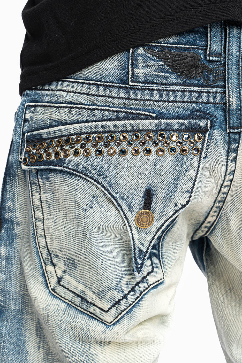 KILLER FLAP STRAIGHT LEG JEANS WITH CRYSTALS IN JAPAN LIGHT WASH - Image 2