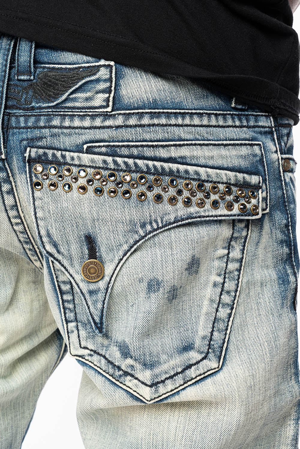 KILLER FLAP STRAIGHT LEG JEANS WITH CRYSTALS IN JAPAN LIGHT WASH - Image 3