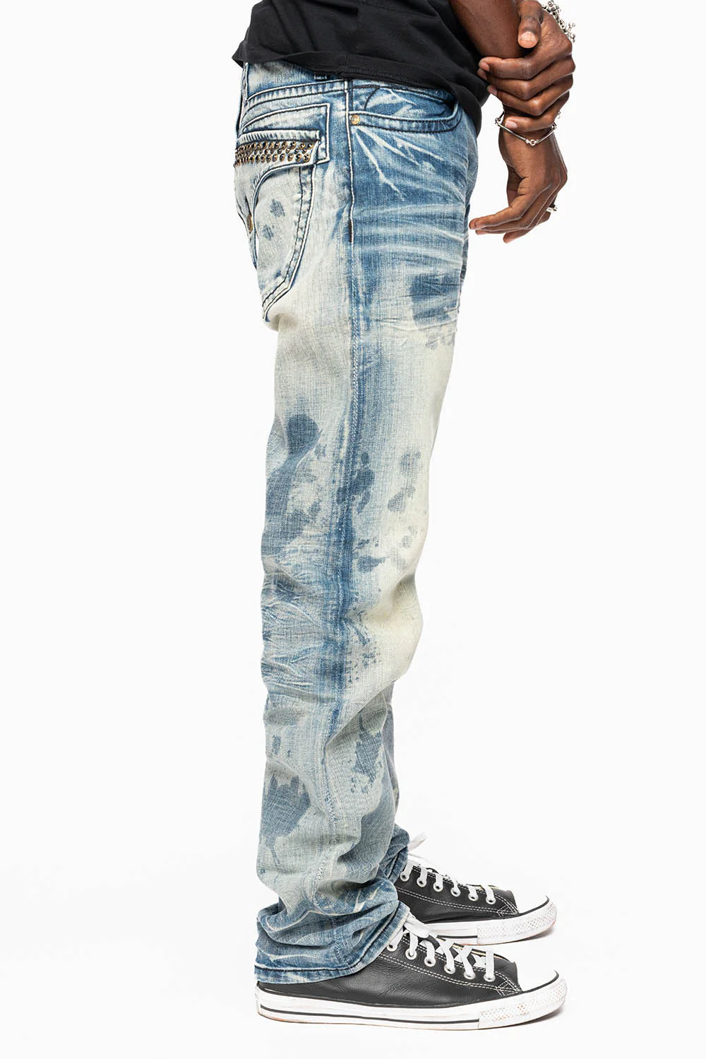KILLER FLAP STRAIGHT LEG JEANS WITH CRYSTALS IN JAPAN LIGHT WASH - Image 5