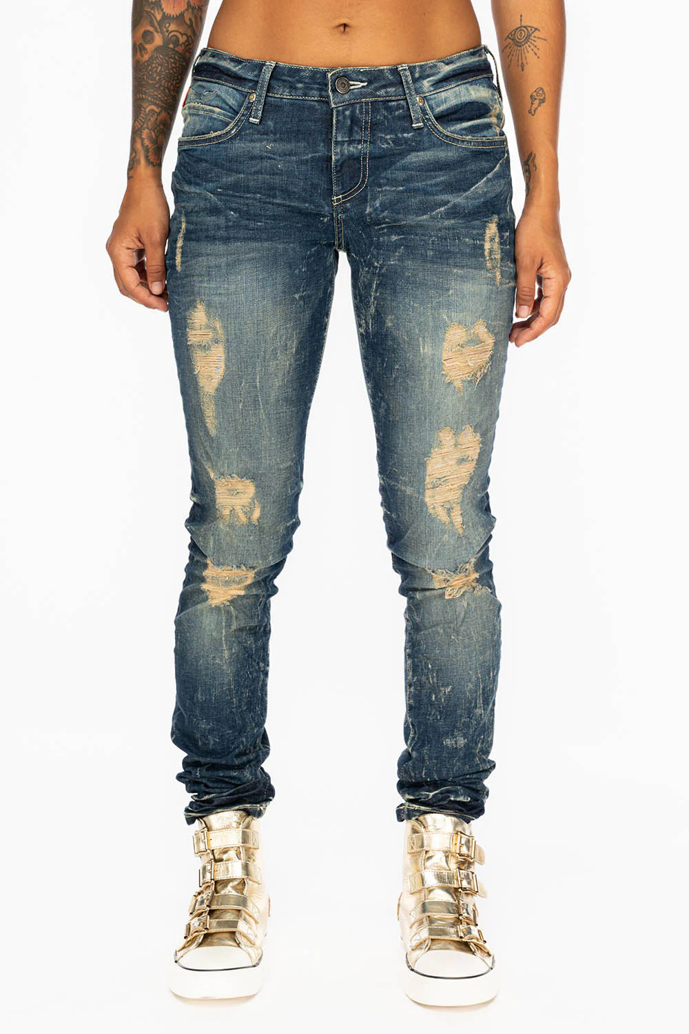 WOMENS RIPPED MID RISE SKINNY JEANS IN 4D DARK BROKEN WASH WITH  CRYSTAL EMBELLISHMENT - Image 4