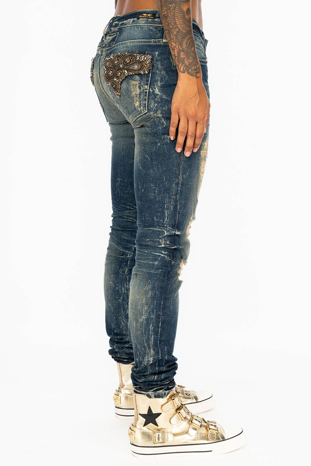 WOMENS RIPPED MID RISE SKINNY JEANS IN 4D DARK BROKEN WASH WITH  CRYSTAL EMBELLISHMENT - Image 5
