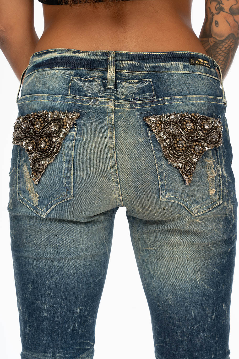 WOMENS RIPPED MID RISE SKINNY JEANS IN 4D DARK BROKEN WASH WITH  CRYSTAL EMBELLISHMENT - Image 7