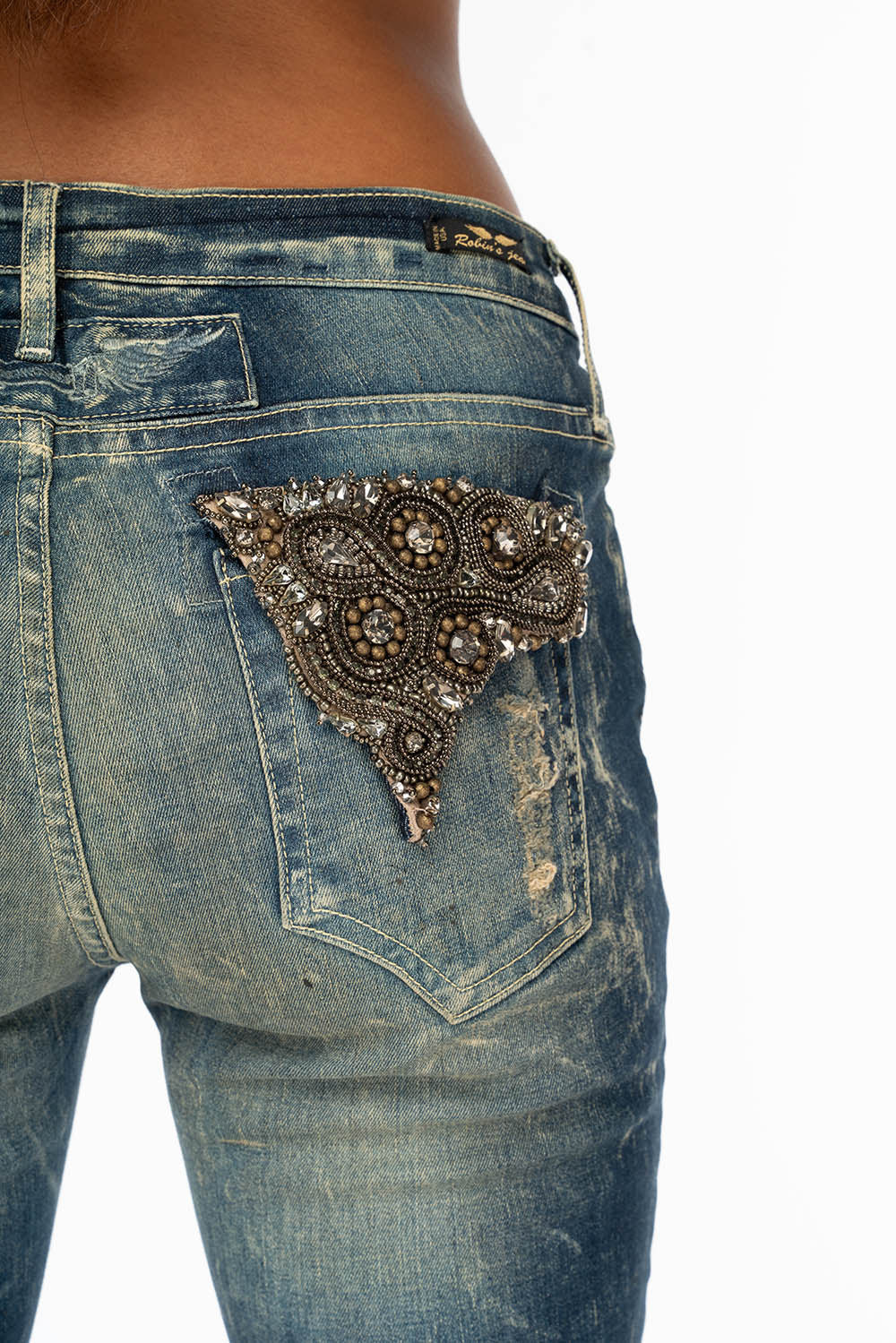 WOMENS RIPPED MID RISE SKINNY JEANS IN 4D DARK BROKEN WASH WITH  CRYSTAL EMBELLISHMENT - Image 9