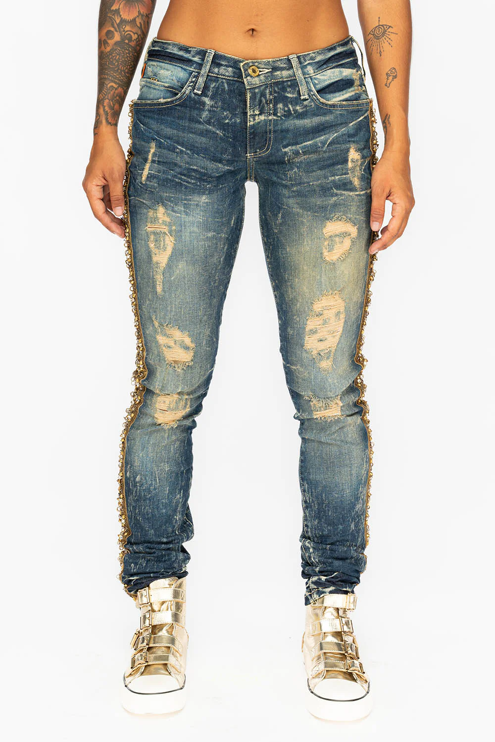 KILLER FLAP WOMENS RIPPED MID RISE SKINNY JEANS IN 4D DARK BROKEN WASH WITH  EMBELLISHMENT - Image 2