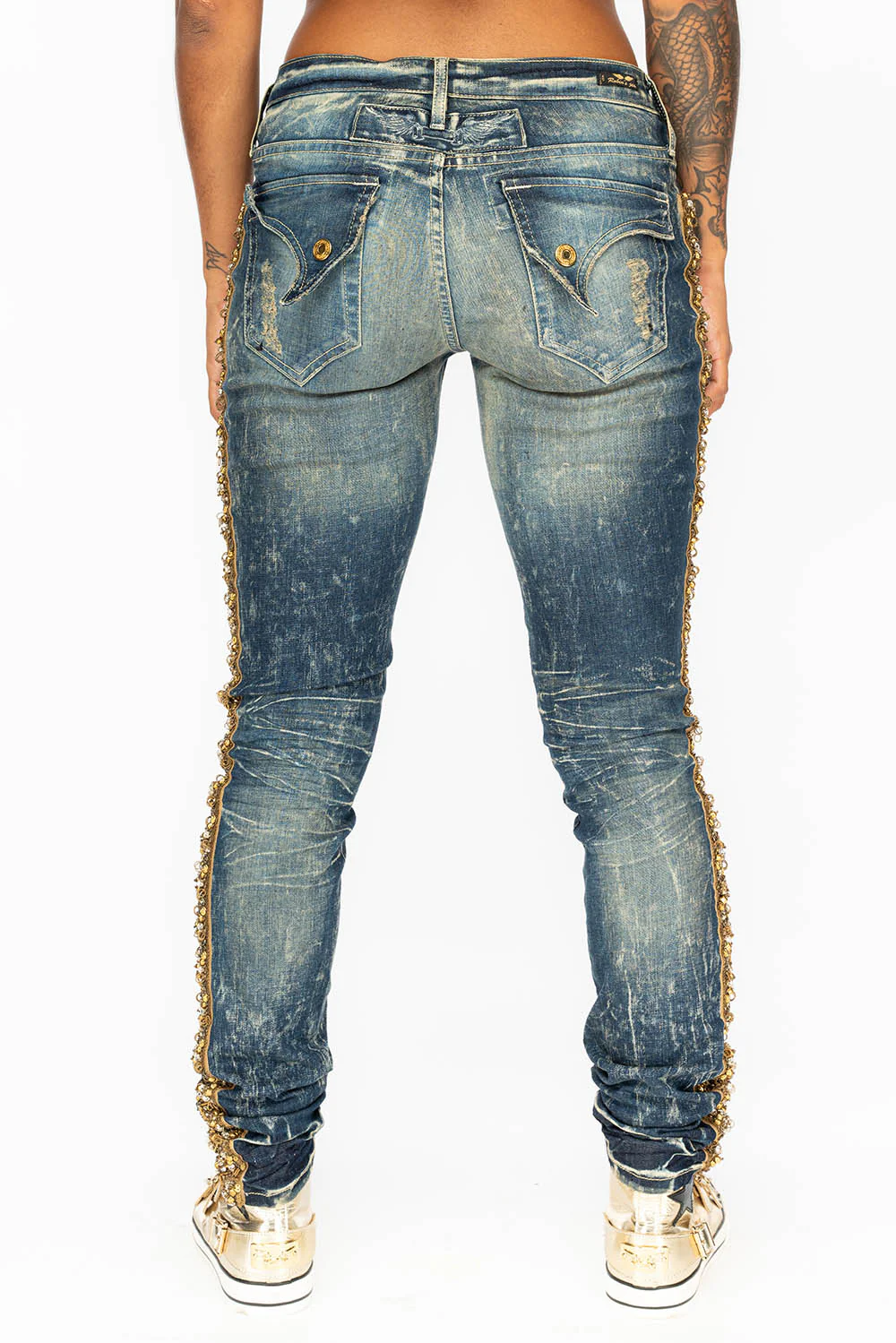 KILLER FLAP WOMENS RIPPED MID RISE SKINNY JEANS IN 4D DARK BROKEN WASH WITH  EMBELLISHMENT - Image 3