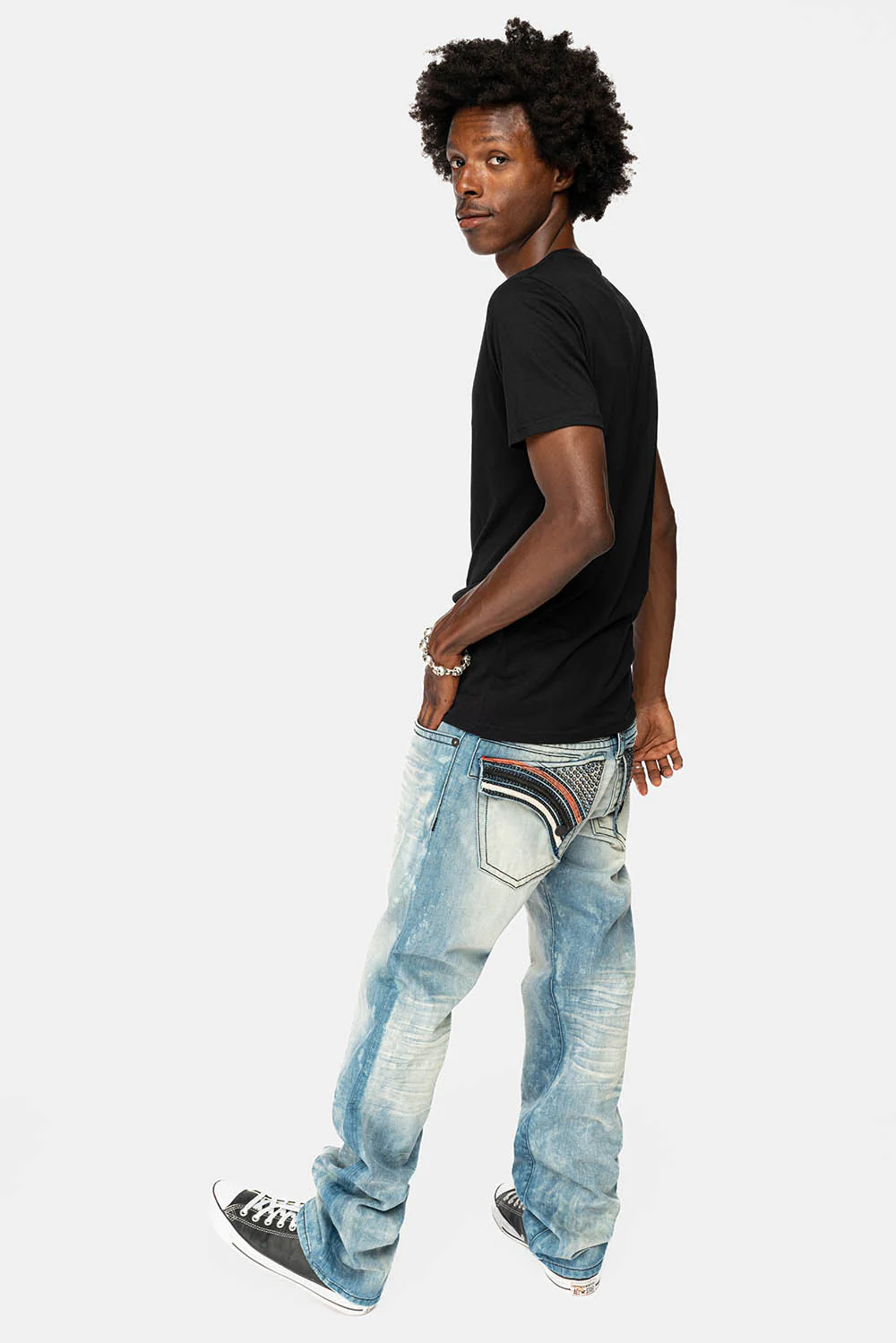 ROBIN'S LONG FLAP STRAIGHT JEANS IN AQUARAMA WASH WITH BLK LEATHER INSERTS EMBELLISHED WITH CRYSTALS