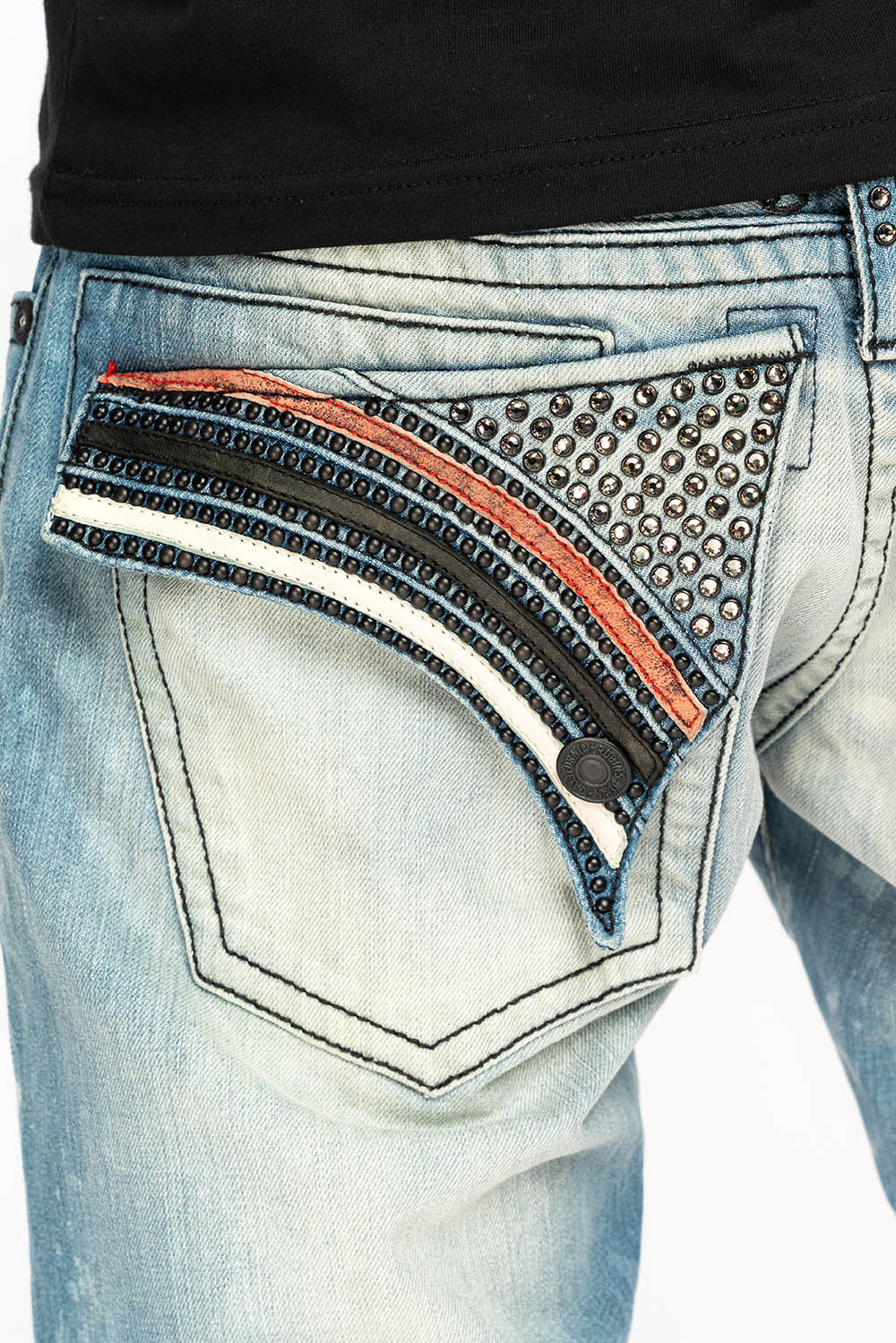 ROBIN'S LONG FLAP STRAIGHT JEANS IN AQUARAMA WASH WITH BLK LEATHER INSERTS EMBELLISHED WITH CRYSTALS - Image 2