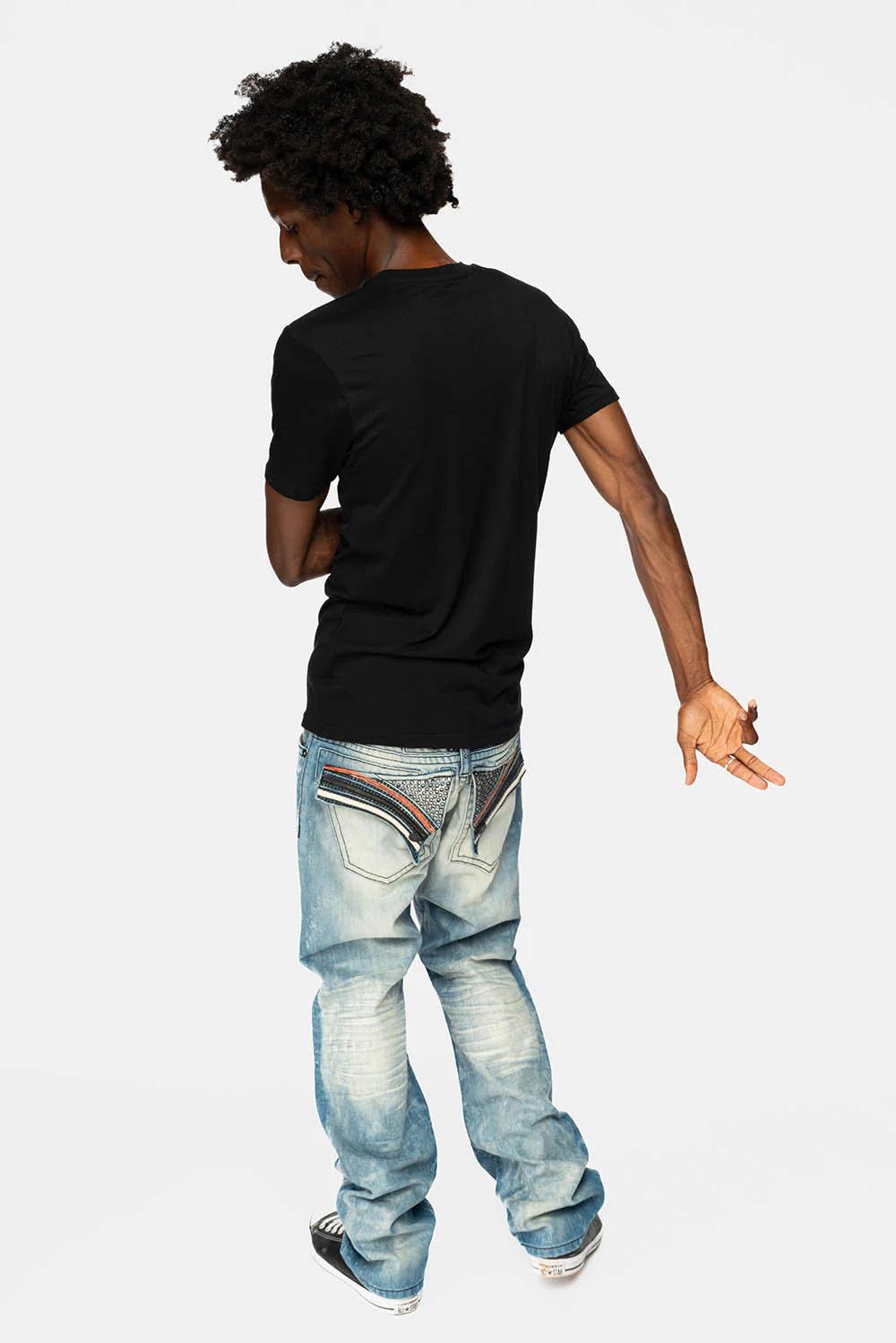 ROBIN'S LONG FLAP STRAIGHT JEANS IN AQUARAMA WASH WITH BLK LEATHER INSERTS EMBELLISHED WITH CRYSTALS - Image 3