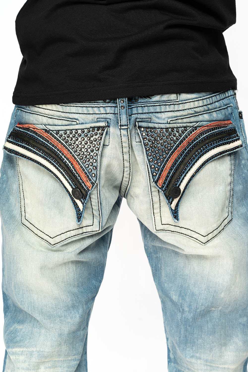 ROBIN'S LONG FLAP STRAIGHT JEANS IN AQUARAMA WASH WITH BLK LEATHER INSERTS EMBELLISHED WITH CRYSTALS - Image 5