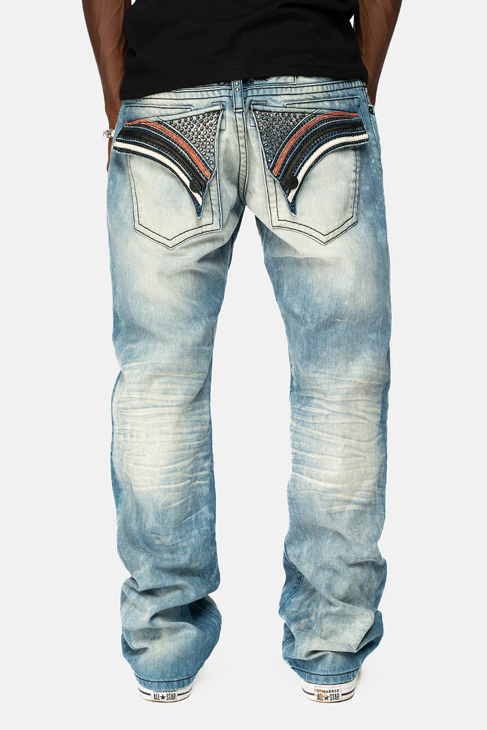 ROBIN'S LONG FLAP STRAIGHT JEANS IN AQUARAMA WASH WITH BLK LEATHER INSERTS EMBELLISHED WITH CRYSTALS - Image 6