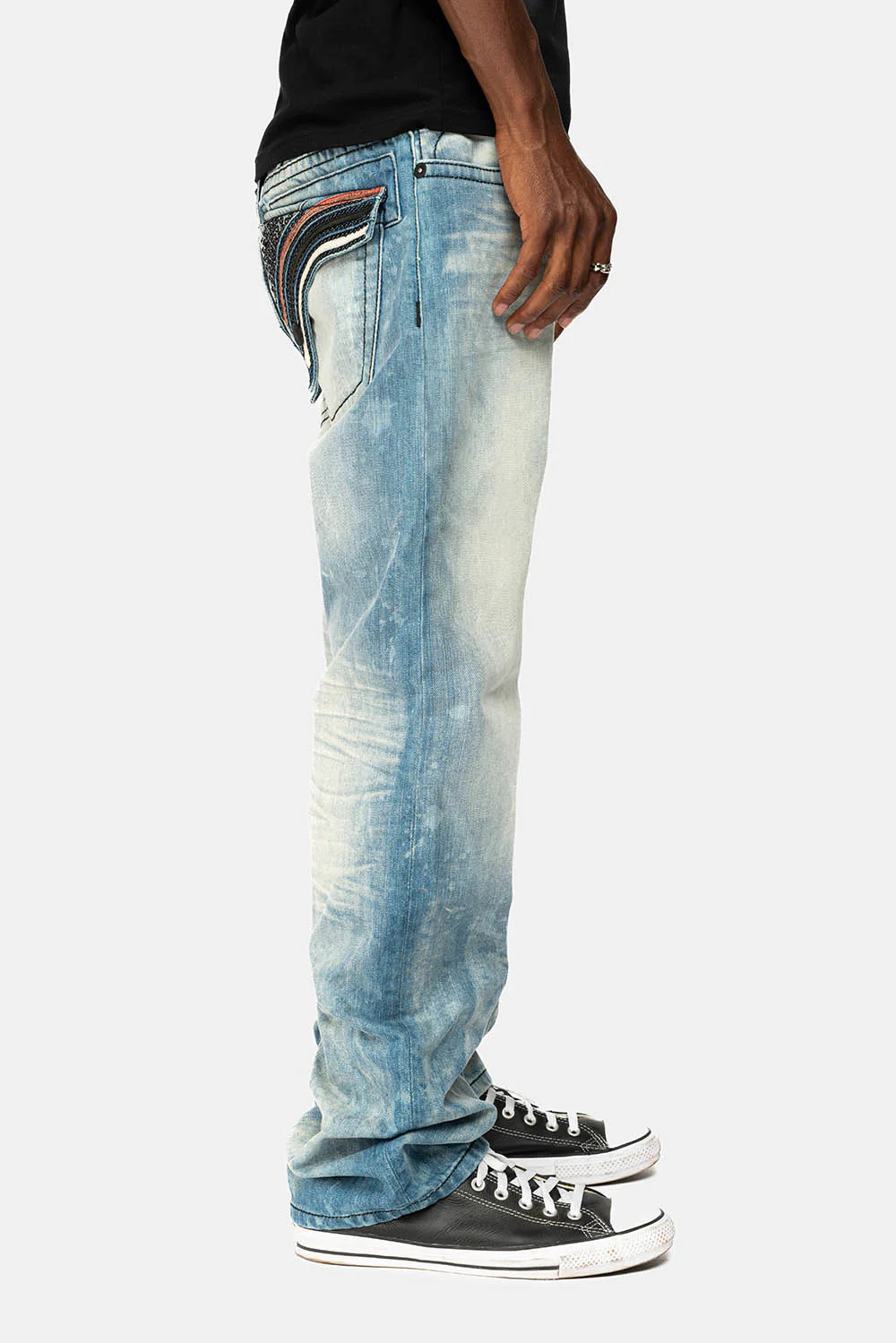 ROBIN'S LONG FLAP STRAIGHT JEANS IN AQUARAMA WASH WITH BLK LEATHER INSERTS EMBELLISHED WITH CRYSTALS - Image 7