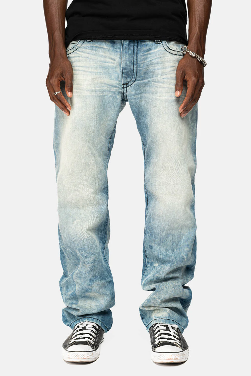 ROBIN'S LONG FLAP STRAIGHT JEANS IN AQUARAMA WASH WITH BLK LEATHER INSERTS EMBELLISHED WITH CRYSTALS - Image 8