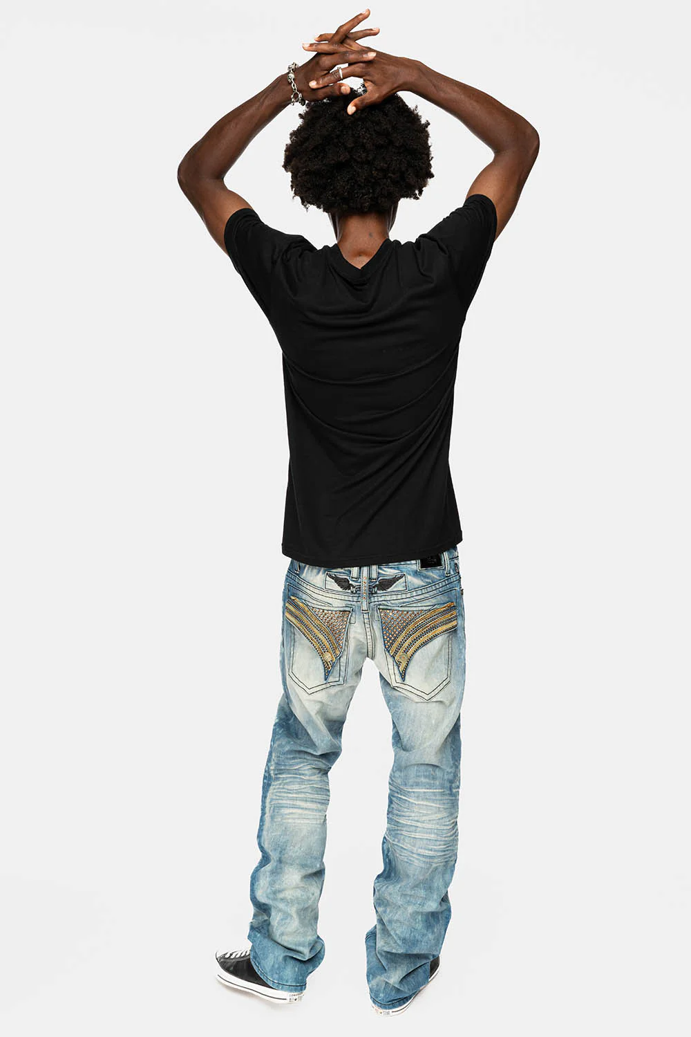 LONG FLAP STRAIGHT JEANS IN AQUARAMA WASH WITH TAN LEATHER INSERTS EMBELLISHED WITH CRYSTALS - Image 4