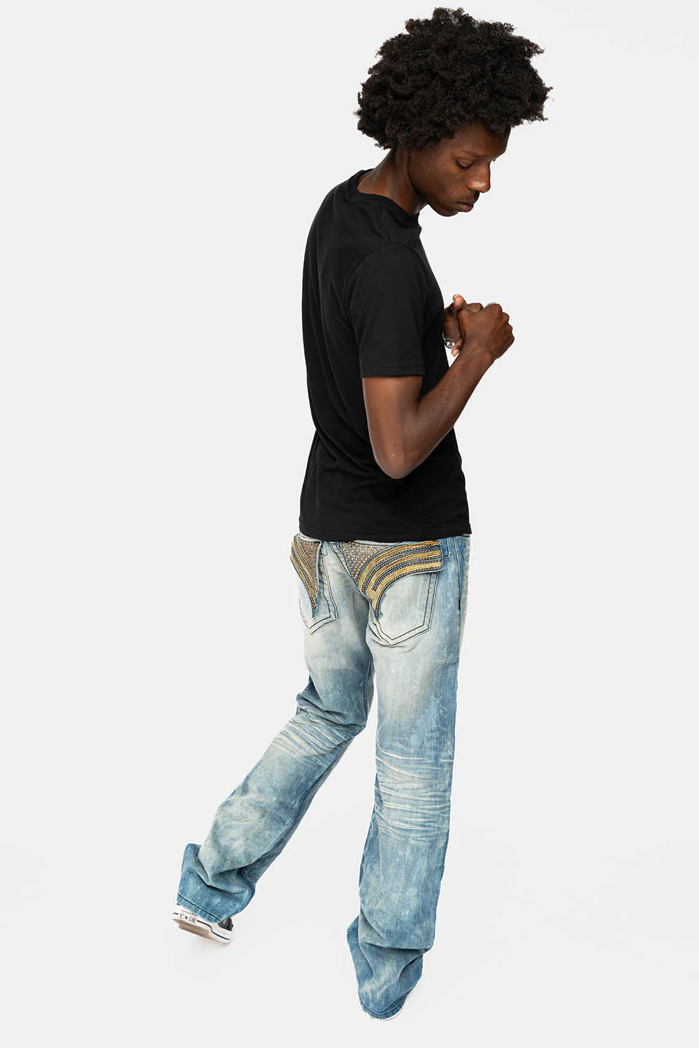 LONG FLAP STRAIGHT JEANS IN AQUARAMA WASH WITH TAN LEATHER INSERTS EMBELLISHED WITH CRYSTALS - Image 6