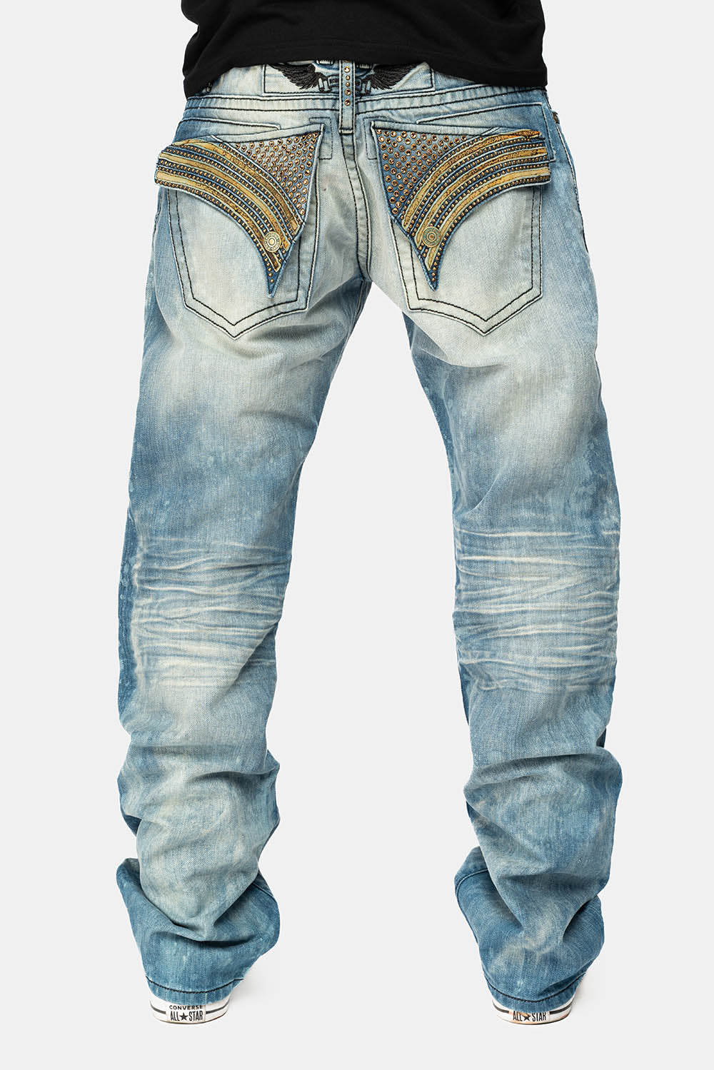 LONG FLAP STRAIGHT JEANS IN AQUARAMA WASH WITH TAN LEATHER INSERTS EMBELLISHED WITH CRYSTALS - Image 7