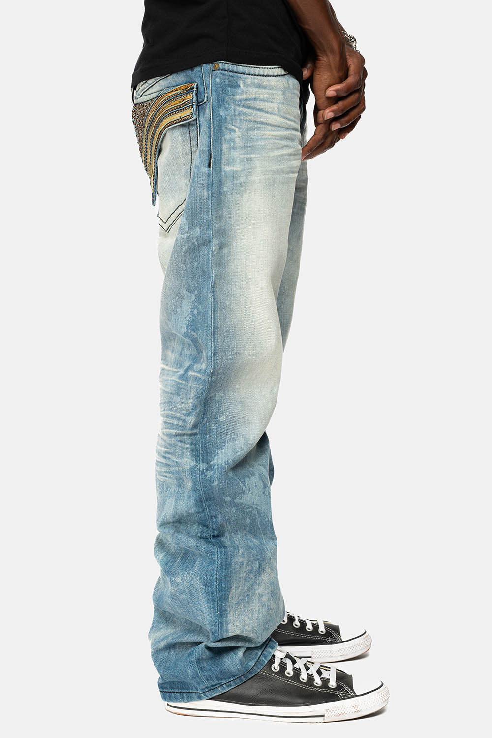 LONG FLAP STRAIGHT JEANS IN AQUARAMA WASH WITH TAN LEATHER INSERTS EMBELLISHED WITH CRYSTALS - Image 8