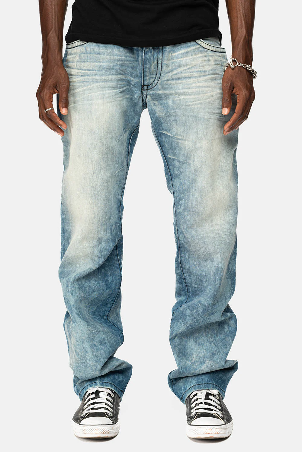 LONG FLAP STRAIGHT JEANS IN AQUARAMA WASH WITH TAN LEATHER INSERTS EMBELLISHED WITH CRYSTALS - Image 9