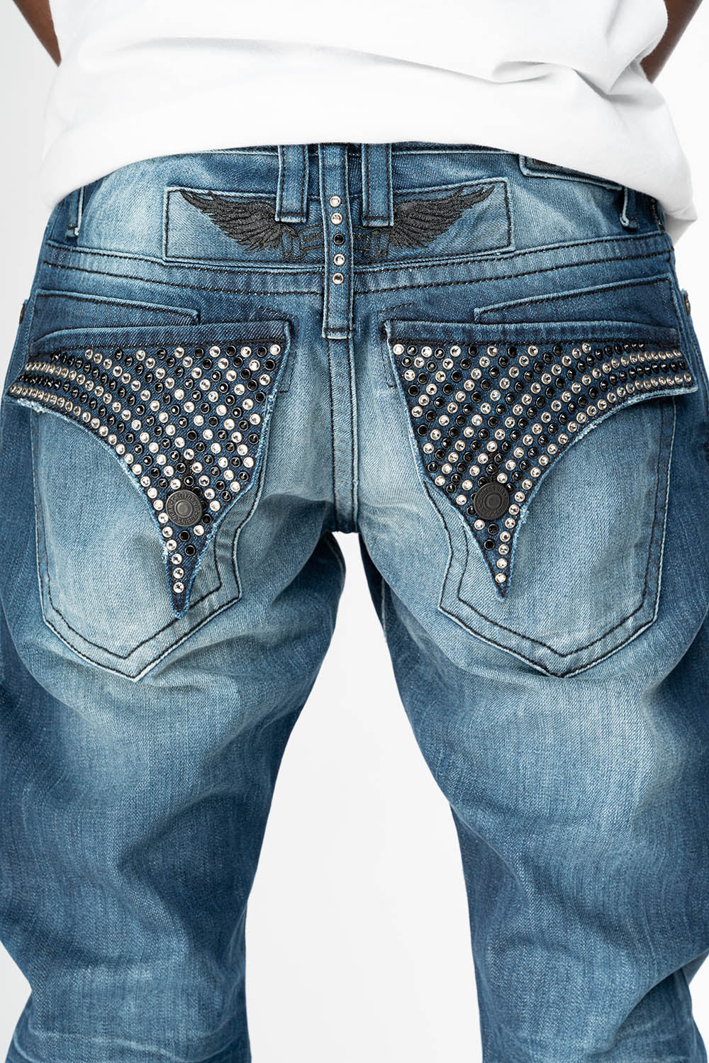 MENS LONG FLAP SLIM JEANS  EMBELLISHED WITH CRYSTALS IN OMAHA DARK WASH - Image 3