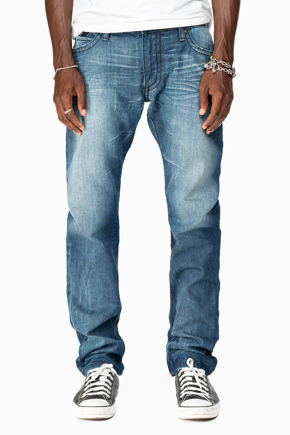 MENS LONG FLAP SLIM JEANS  EMBELLISHED WITH CRYSTALS IN OMAHA DARK WASH - Image 4